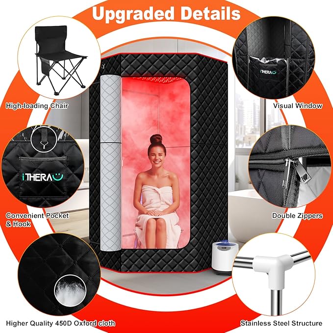 I-THERA-U XL Infrared Sauna Box with True 660 & 850nm Red Light Therapy Lamp, Portable Red Light Sauna for Home, Full Body Steam Tent with 3L 1200w Steamer, 15 Levels Heat, Chair, Remote