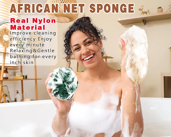 2 Pack African Net Sponge Exfoliating Body Scrubber Bath Sponge for Daily Use (Champange+Dark Green)