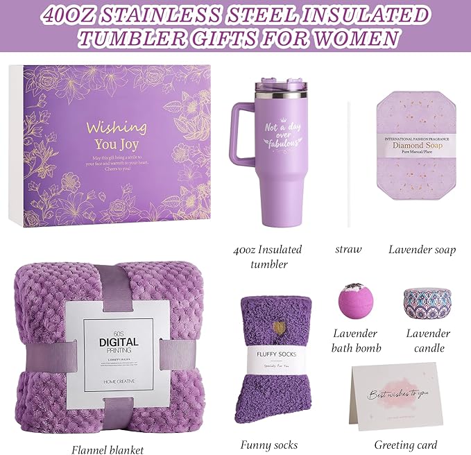 Birthday Gifts for Women – Lavender Spa Gift Basket, Self Care & Get Well Soon Set, 40oz Tumbler with Handle, Stanley Cup Gift Set for Mom, Friends, Relaxation & Pampering