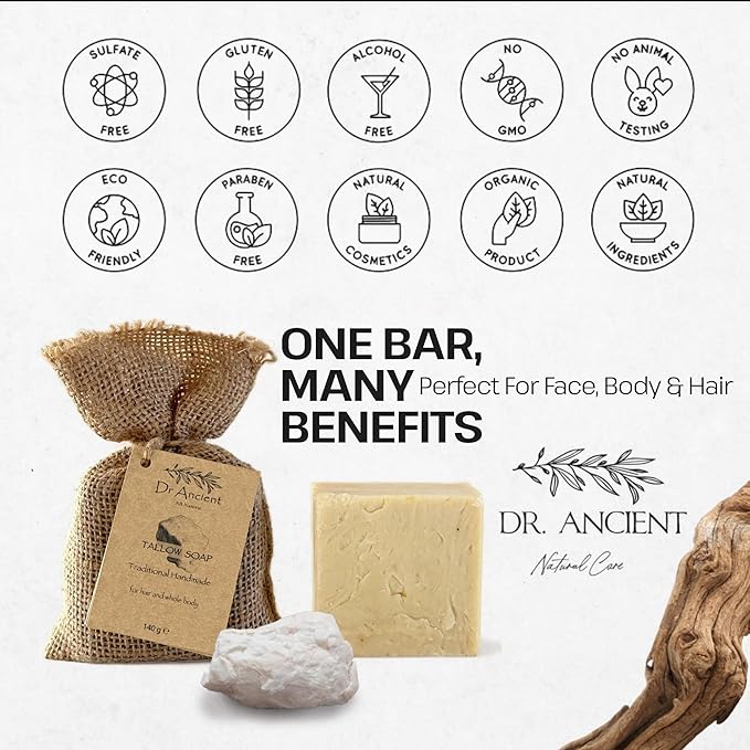 Dr.Ancient Tallow Soap Bar, Organic Soap Bars Handcrafted the Traditional Way, Natural Chemical-Free, Used for Face and Body, Gently Cleanses, Softens Skin, Supports Hydration, and Daily Routine