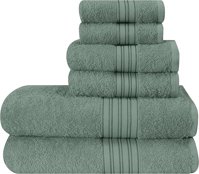 BOUTIQUO 6 Pack Cotton Towel Set, Contains 2 Bath Towels 28x55 inch, 2 Hand Towels 16x24 inch & 2 Wash Coths 12x12 inch, Ideal Everyday use, Ultra Soft Compact & Lightweight - Jade