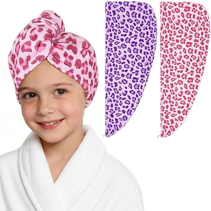 2 Pack Microfiber Hair Towel Wrap for Girls, Quick Dry Hair Turban for Kids, Absorbent Frizz-Free Hair Drying Towel with Button for Long Thick Curly Hair, Purple Pink Leopard
