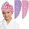 2 Pack Microfiber Hair Towel Wrap for Girls, Quick Dry Hair Turban for Kids, Absorbent Frizz-Free Hair Drying Towel with Button for Long Thick Curly Hair, Purple Pink Leopard