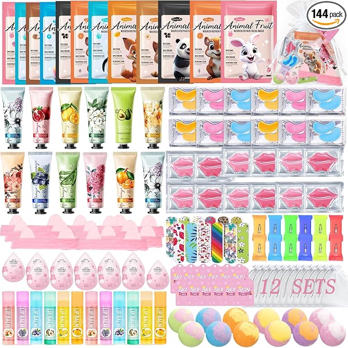 144 PCS Spa Party Supplies for Women,Spa Day Favors Essentials Include Face Masks Skincare, Lip Balm, Under Eye Patches, Foot Bath Bomb,Mothers Day Gifts, Bulk Gifts For Women,Spa Kit Self Care