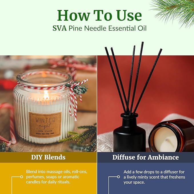 SVA Pine Needle Essential Oil – 4 Fl Oz – 100% Natural Pine Needle Oil - for Diffuser, Hair Care, Face, Skin Care, Aromatherapy, Scalp and Body Massage, Soap and Candle Making – with Dropper
