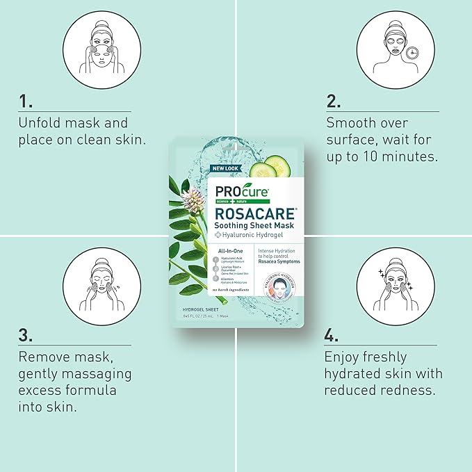 PROcure Rosacare Redness Relief Sheet Face Mask – 5 Pack – Hyaluronic Acid, Licorice Root & Cucumber for Sensitive Skin Hydration & Calming