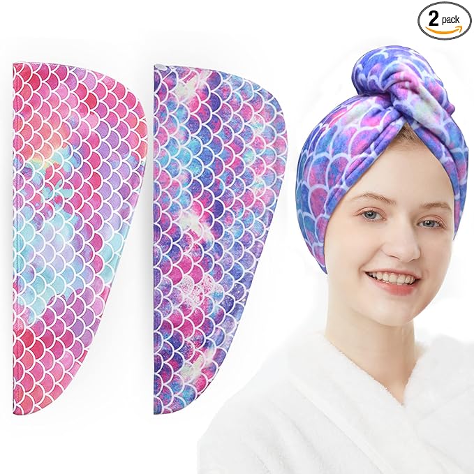 ELLEWIN Microfiber Hair Towel Wrap for Kids Girls 2 Pack Hair Turban Drying for Women Set Absorbent Quick Dry Twisty Anti Frizz Towel for Curly Long Thick Hair (Mermaid)