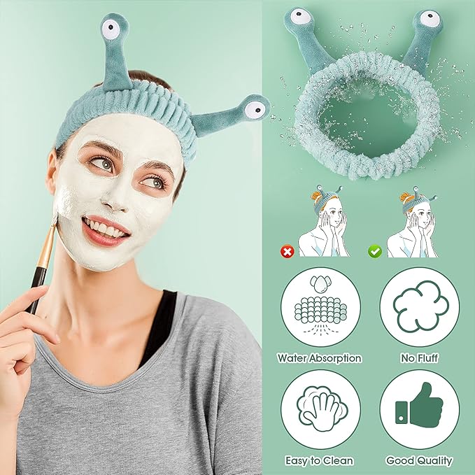 WLLHYF Spa Headband Facial Makeup Head Band Microfiber Soft Coral Fleece Head Wraps Snail Cartoon Cute Christmas Hair Accessories Elastic Skincare Hair Band for Women Girls Washing Face Beauty