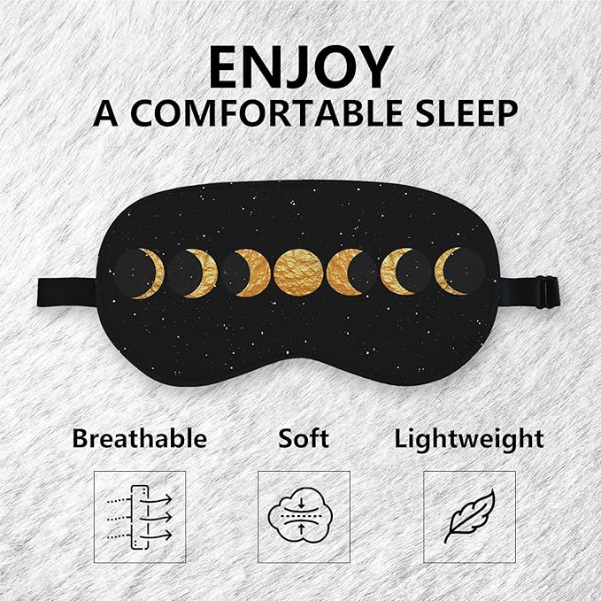Boho Sun Moon Silk Eye Mask for Sleeping,Black Gold Moon Blindfold Adjustable Strap Night Sleep Mask for Women Girls, Dorm Airplane Travel Nap, Boho Moon Phase Sleeping Mask Eye Cover