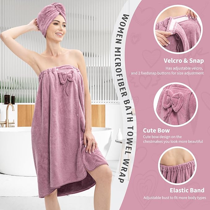 Bath Wrap Towels for Women – Adjustable Spa Shower Wrap with Super Absorbent Microfiber, Quick-Dry Body & Hair Towel Set for Home, Hotel, Beach, Pool, Gym, Travel – Purple