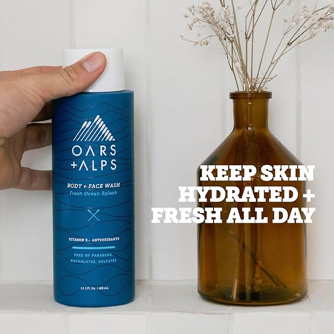 Oars + Alps Body Wash for Men, Mens Body Wash & Face Cleanser with Vitamin E & Antioxidants, Moisturizing, Paraben & Sulfate Free Cleanser, Fresh Ocean Splash, 2pk