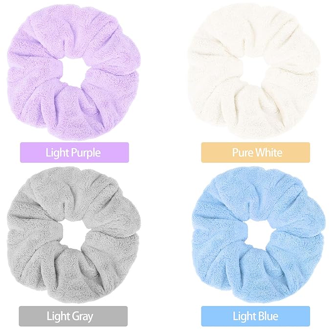 4 Pieces Large Towel Microfiber Drying Soft Scrunchies Thick Scrunchies Fuzzy Scrunchy Ponytail Holder for Hair Light Bobbles Ropes Wet and Dry Hair Accessories (Chic Colors)
