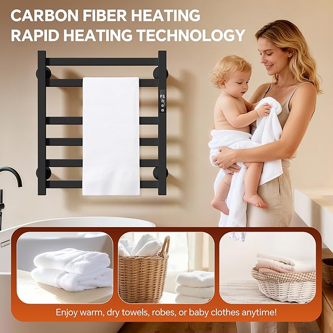 Electric Towel Warmer Wall Mounted, 6 Bar Heated Towel Rack with Intelligent Timer & Temp Control, Plug-in/Hardwire, Left and Right Compatible