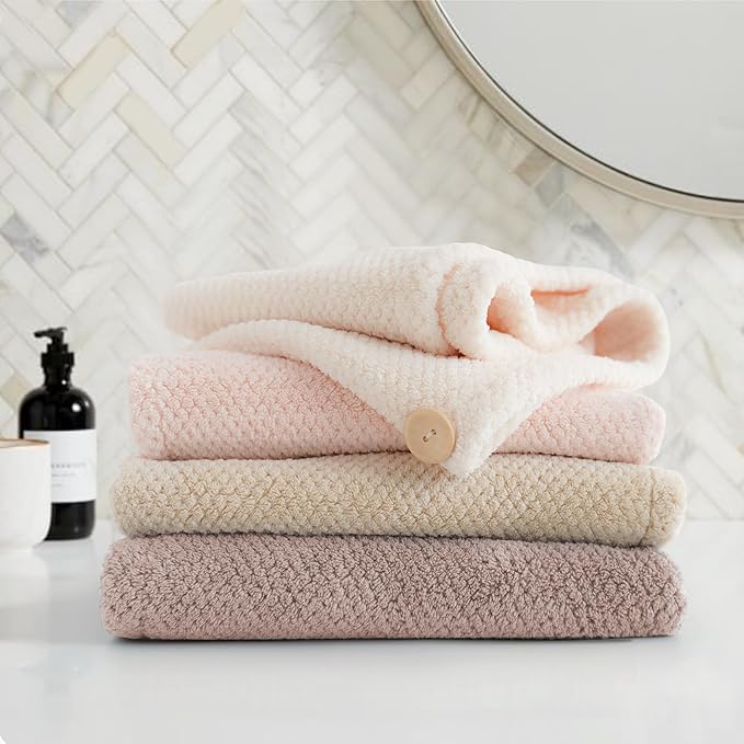 ROLSHOL Extra Large 4 Pack Microfiber Hair Towel Wrap for Women Super Absorbent & Quick Dry Hair Drying Towels with Button, Hair Turbans for Curly Hair Long & Short Hair - Anti-Frizz (Pink Pinstripe)
