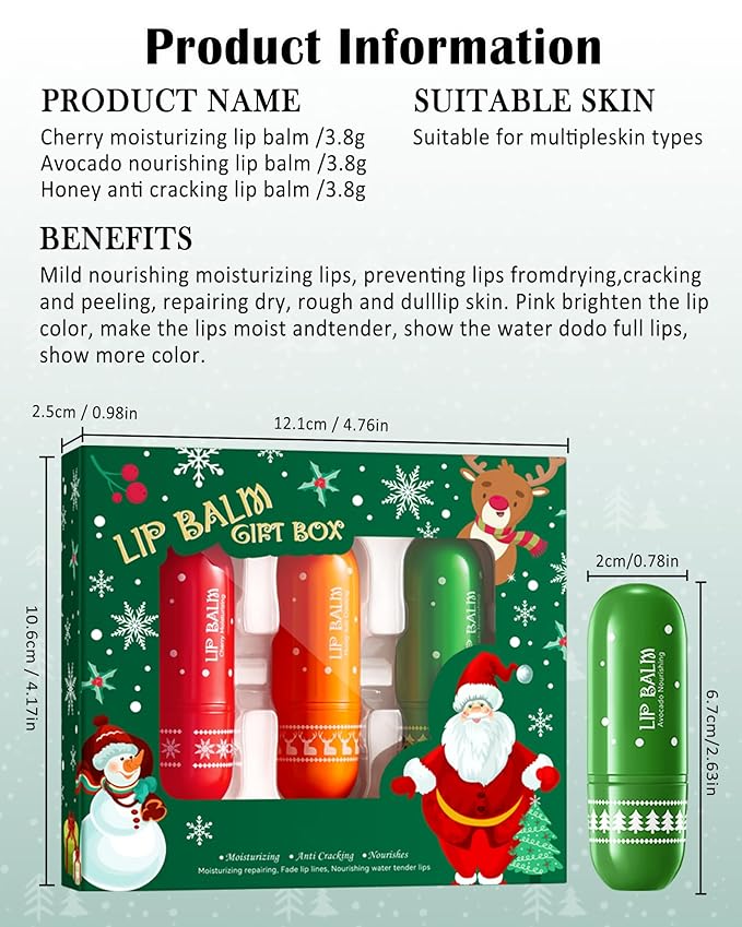 Lip Balm Kit-3Pcs Lip Care Moisturizer,Hydrating Lip Repair Sticks for Dry Cracked Lip,Vegan & Cruelty-Free Lip Gloss Lip Products, Christmas Stocking Stuffers Lip Treatment Gift Set for Women Men