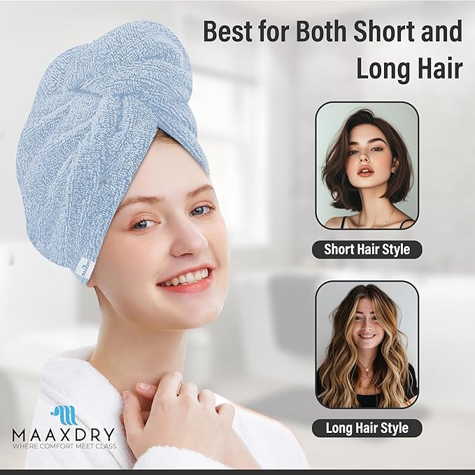 100% Cotton Hair Towel Wrap for Women, Men & Kids – Non-Microfiber 450 GSM Thick Super Absorbent Hair Towel 26x40 Inches, Secure Elastic Hair Wrap for Long & Curly Hair (Blue)