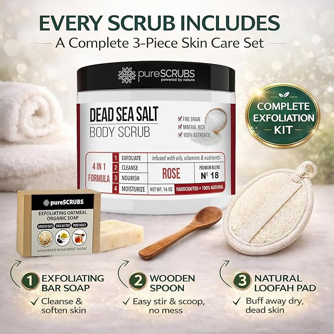 pureSCRUBS Premium Rose Body Scrub Set - Large 16oz Dead Sea Salt Body Scrub With Infused Essential Oils & Nutrients, Includes Wooden Spoon, Loofah & Oatmeal Exfoliating Bar Soap