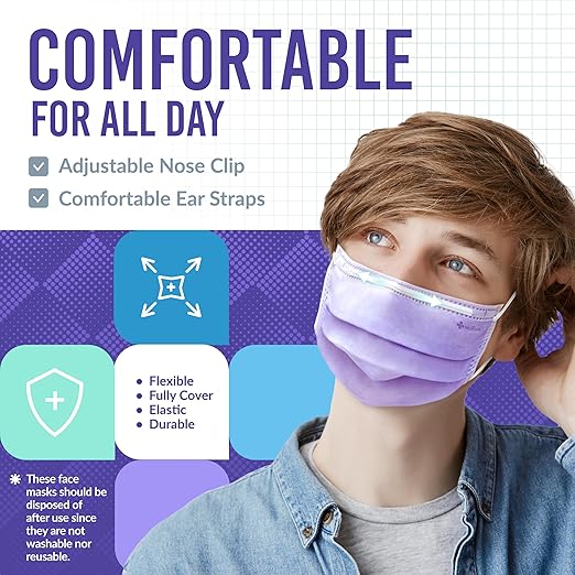 Medtecs Kids Face Mask Disposable - 2 Sizes Option (Child/Youth) 50 PCs - Comfy 3-Ply Breathable Children Masks, The Better & Safer Choice - Youth | Purple