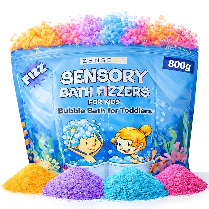 Bubble Bath for Toddlers 1-3 - Colorful Bath Fizzies Powder – 4 Bubble Fizzing Bath Colours - Fun & Educational Bath Gift Set - Crack Sounds & Sensory Fun - Resealable 800g Bag