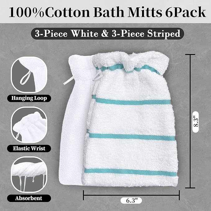 VOOVA & MOVAS 6Pack Bath Mitts for Shower,8.3x6.3 Inch,100% Cotton Soft Absorbent Bath Mitt with Hanging Loop, European Style Wash Cloths for Body Shower & Bath, Aqua Stripe & White