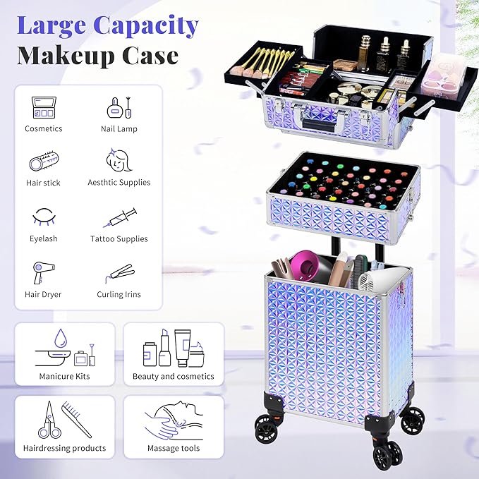 3 in 1 Rolling Makeup Train Case Professional Large Cosmetic Trolley Cosmetology Case on Wheels Traveling Cart Trunk for Hairstylist Artist Nail Beauty Salon Barber, Silver