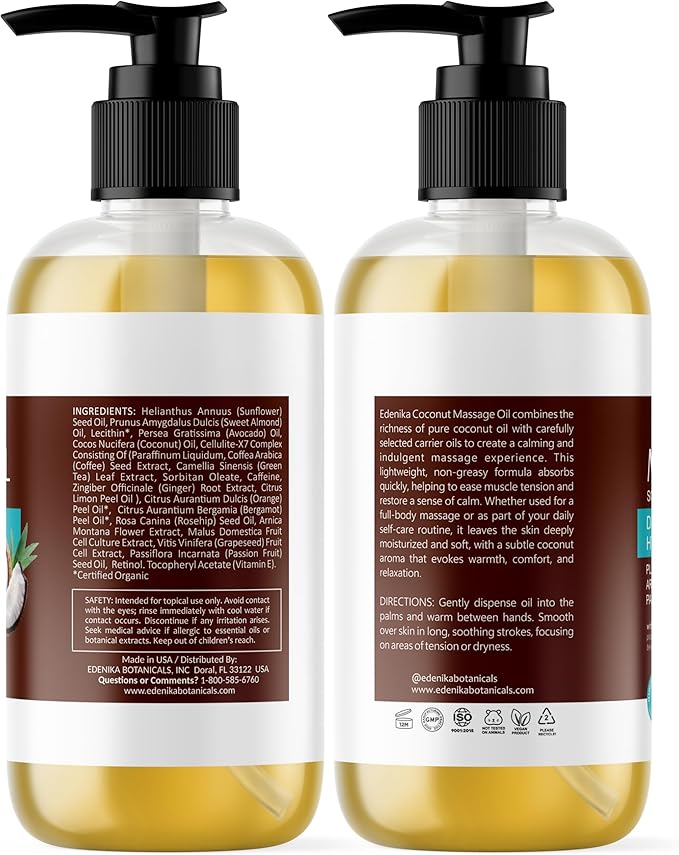 Edenika Botanicals Tropical Coconut Massage Oil for Massage Therapy, Soothing Massage Oil with Coconut & Passion Fruit Oil for Muscle Relaxing, Skin Moisturizing & Hydrating, 2-Pack