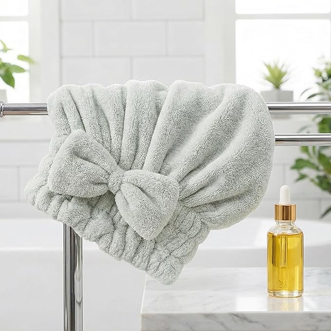 Microfiber Hair Towel Wrap for Women, Quick Drying Anti Frizz Hair Turban with Bow, Super Absorbent Hair Drying Cap for Curly Thick Damaged Hair, Lightweight Travel Essential (One Coffee + One Green)