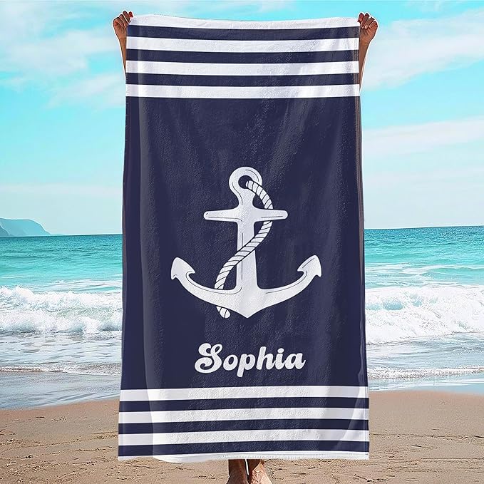 JML Personalized Beach Towel with Name, Custom Anchor Beach Towel, Customized Microfiber Pool Towel, Quick Dry & Absorbent Swim Towel for Adult,Anniversary, Birthday, Summer Holiday,Vacation