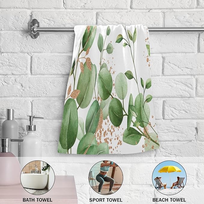 Green Gold White Leaves Hand Towels for Bathroom Set of 2,Eucalyputs Leaf Floral Branches Decorative Bathroom Towels for Bath,Face,Hair,Soft Absorbent Dish Towels for Kitchen Decor 28"x14"