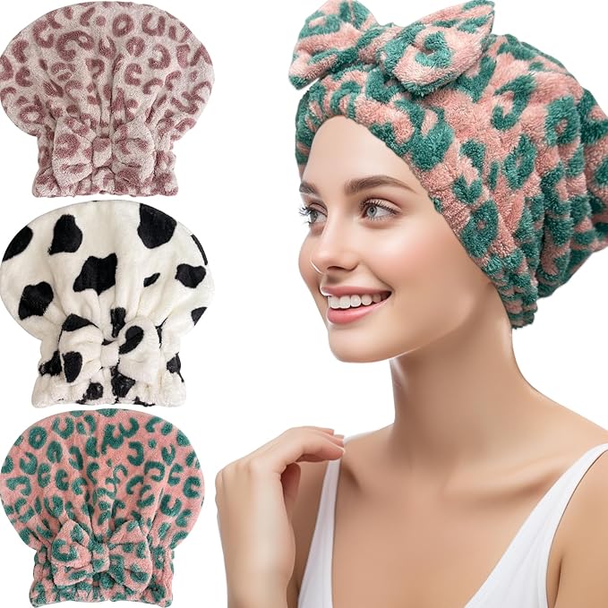 Jseng 3Packs Microfiber Hair Towel for Women - Quick-Drying, Super Absorbent Hair Wrap with Bow Design, Soft Hair Towel Turban for Curly Long Wet Hair