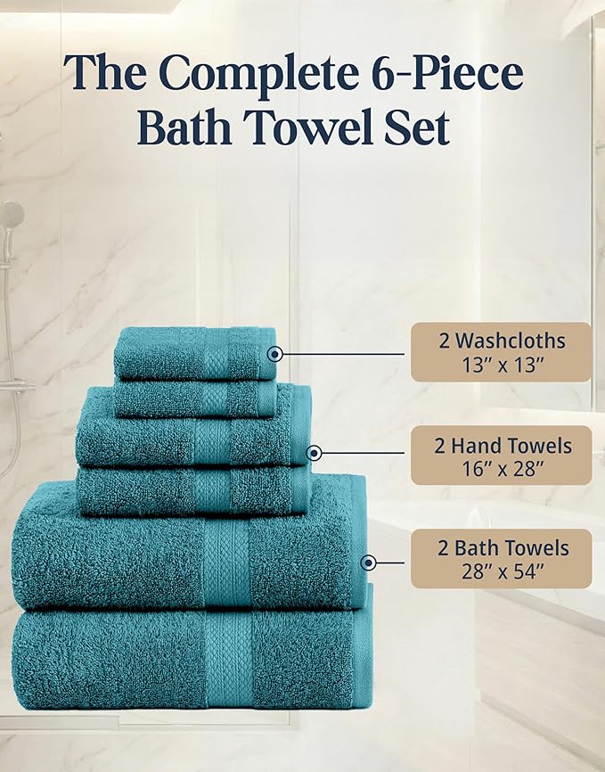 LANE LINEN Luxury Cotton Bath Towel Set of 6 - Soft, Absorbent & Quick Dry - 2 Bath, 2 Washcloths, 2 Hand Towels for Bathroom - OEKO TEX Certified - Smart & Durable Choice for Every Home - Sea Port
