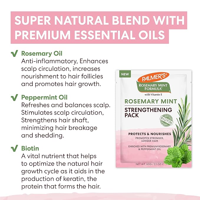 Palmer's Hair Mask, Rosemary Mint Strengthening Pack, 2.1 oz, Promotes Stronger, Longer Hair Growth, Nourishing, Hydrating & Protecting Treatment for Anti-Breakage & Softness, Adds Shine