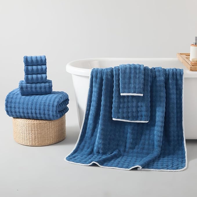 REDKISS 8-Piece Soft Bath Towel Sets, Extra Large 2 Bath Sheet (35×70 in), 2 Hand Towel, 4 Washcloth, Microfiber Quick Dry & Absorbent, Blue Towels for Bathroom