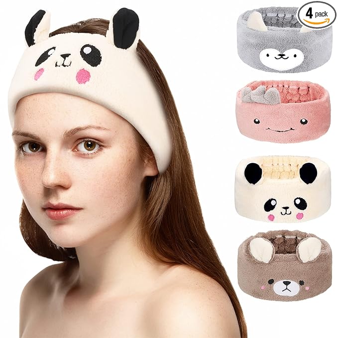 Chuangdi 4 Pieces Animal Hair Bands Face Wash Headband Spa Animal Ears for Skincare Makeup Spa Headband Washing Face Coral Fleece Plush Hairband for Women Girls(Stylish Style,Cute Colors)