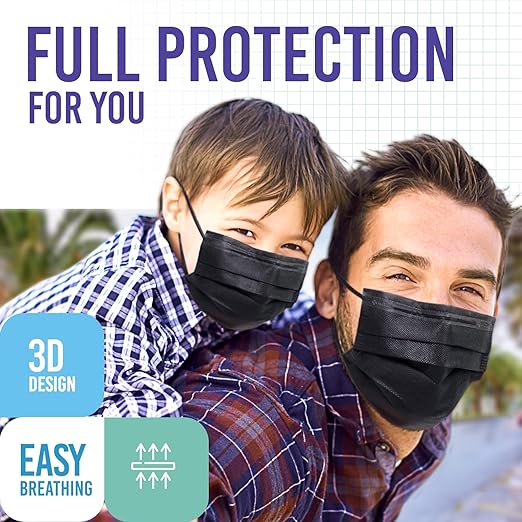 Medtecs Kids Face Mask Disposable - 2 Sizes Option (Child/Youth) 50 PCs - Comfy 3-Ply Breathable Children Masks, The Better Choice - Youth | Black