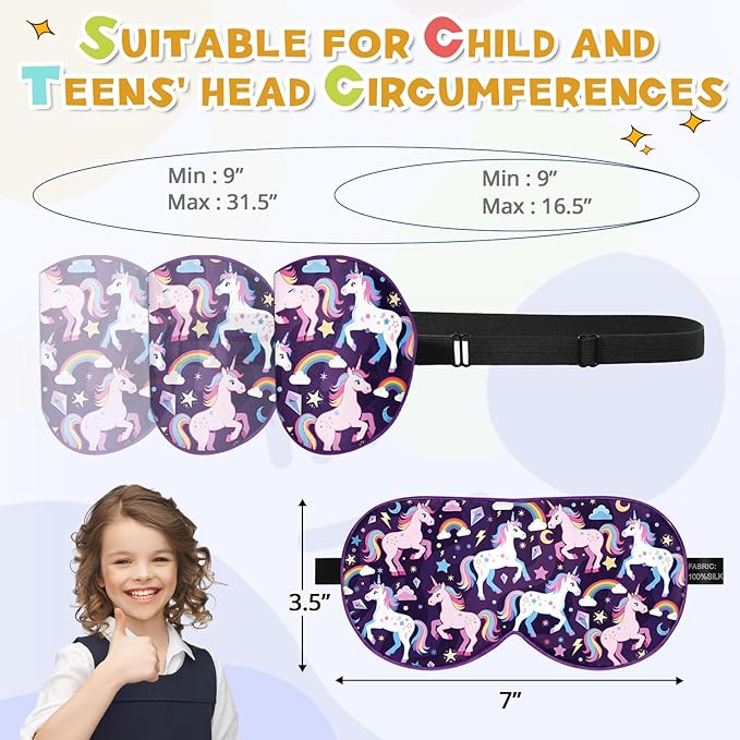 Silk Kids Sleep Mask: 100% Mulberry Silk Eye Mask, Sleeping Masks with Adjustable Strap, Soft & Light-Blocking Printed Kid Eye Cover for Boys Girls Teens Aged 5-15 (Horse Theme)