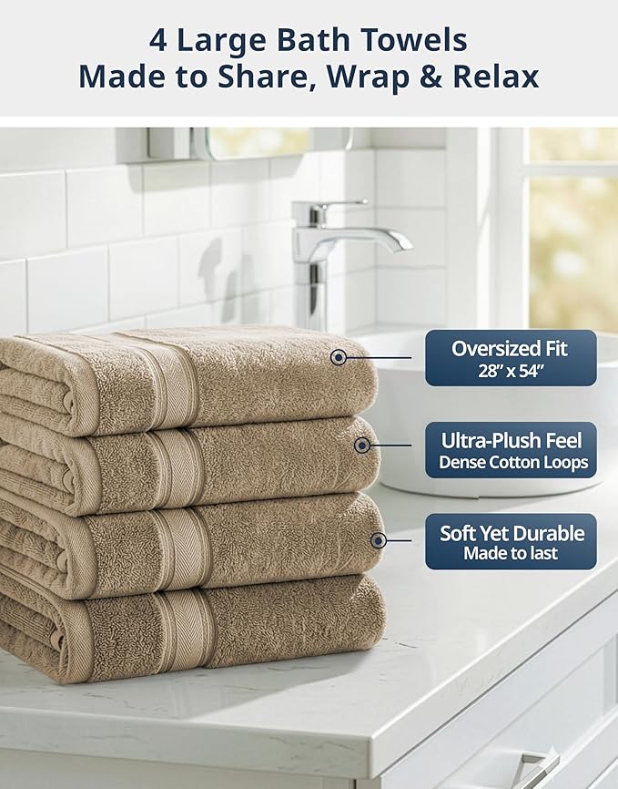 LANE LINEN 100% Cotton Bath Towels Set of 4 (28"x54") - Zero Twist, Cotton Bathroom Towel Sets - Quick Dry, Highly Soft & Absorbent Large Shower Towels for Bathroom - Sustainabaly Produced - Taupe