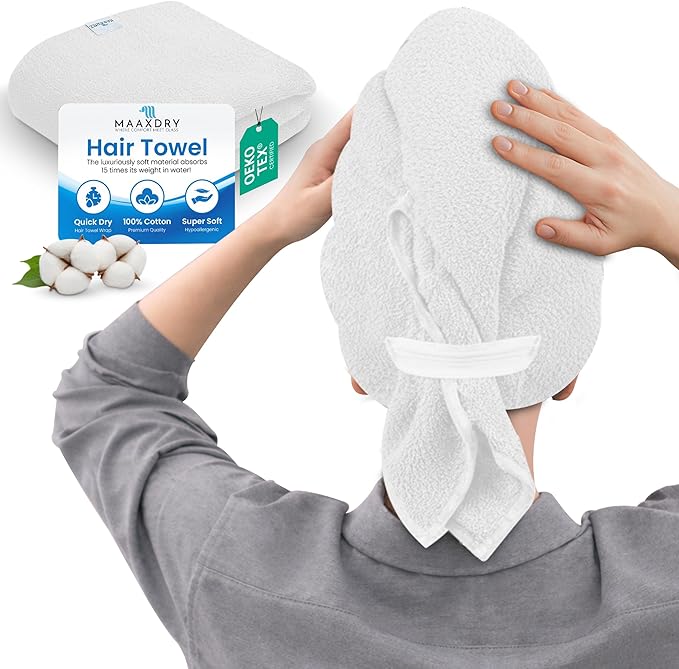 100% Cotton Hair Towel Wrap for Women, Men & Kids – Non-Microfiber 450 GSM Thick Super Absorbent Hair Towel 26x40 Inches, Secure Elastic Hair Wrap for Long & Curly Hair (White)