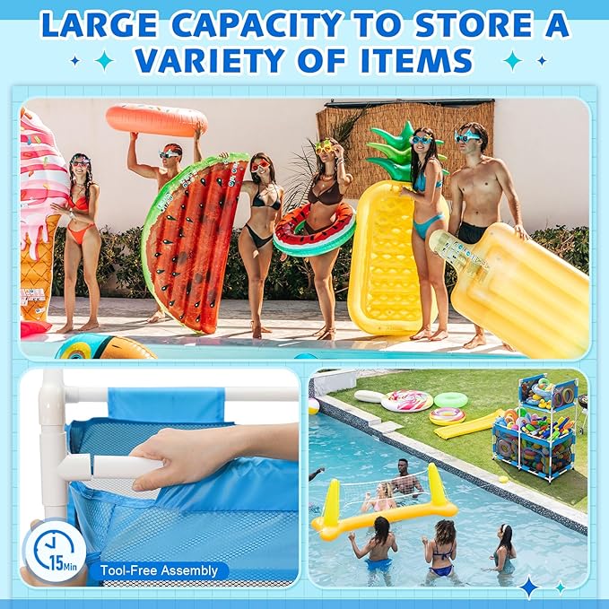 Briwooody 2-Tier Pool Float Storage Bin, 333 Gallon Large Rolling Pool Toy Organizer with Wheels, 67" H Outdoor Mesh Storage Cart with Zipper & Hooks for Floats, Noodles, Towels, Backyard, Patio