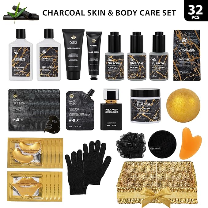32 Pcs Mother's Day Gift for Mom, Charcoal Bath & Body Gift Basket Set for Women & Men, Hydrating Face Skin Care Set, Self-Care Relaxation Gift,Birthday, Christmas, Anniversary, Wife
