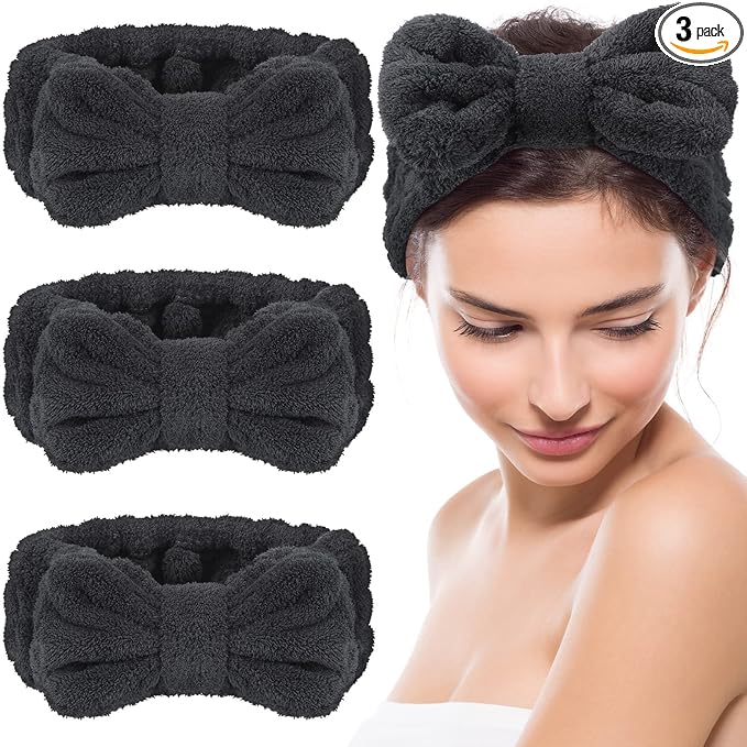 Hicarer 3 Pieces Towel Headbands for Women Makeup Spa Headband for Washing Face Shower (Black)