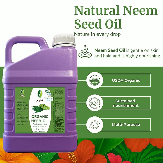 SVA Neem Seed Oil Organic - 32 Fl Oz – 100% Natural Cold Pressed Organic Neem Oil - for Face, Skin Care, Hair Care, Scalp Massage & Body Massage – Carrier Oil with Dropper