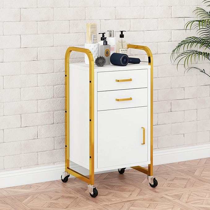4ever2buy White and Gold Salon Trolley Cart with Wheels, Salon Cart with Drawers and Cabinet, Rolling Cart for Hair Stylist, Professional Salon Stations Organizer
