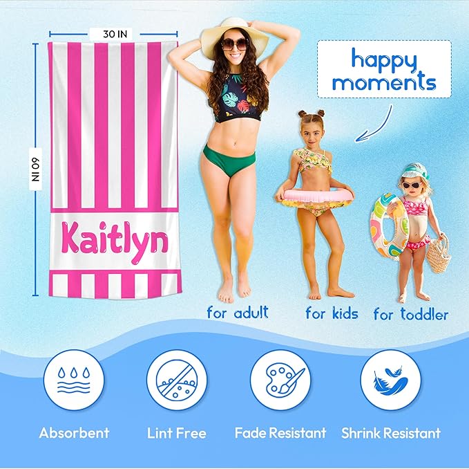 JML Personalized Beach Towel with Name, Custom Cabana Stripe Beach Towel, Customized Microfiber Pool Towel, Quick Dry & Absorbent Swim Towel for Adult,Anniversary, Birthday, Summer Holiday,Vacation