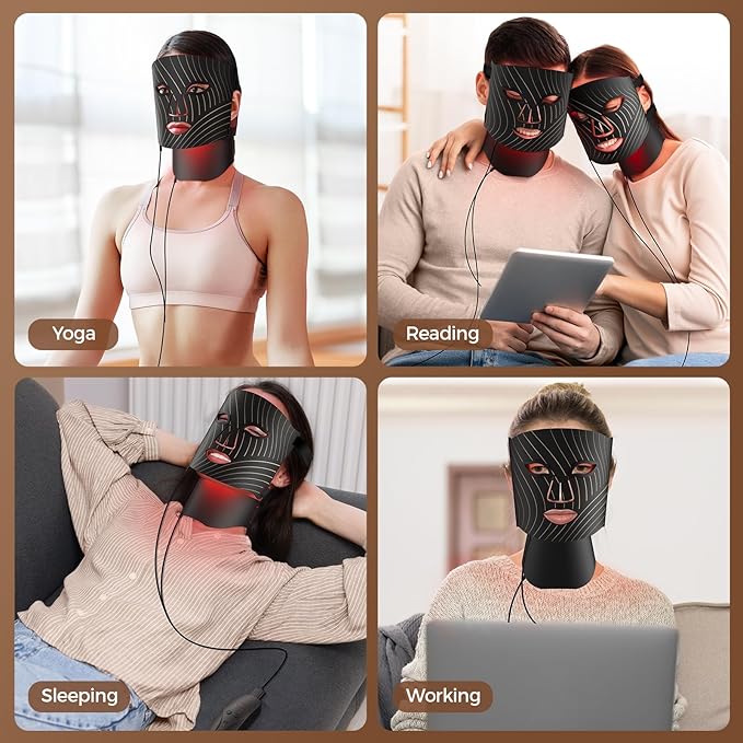 ONLUKY Red Light Therapy for Face,LED Face Mask Light Therapy with Neck Device,103 3-in-1 Light Beads,Remoter Rechargeable,Timing Function,Infrared Red Light Therapy Mask for Home (Maroon)