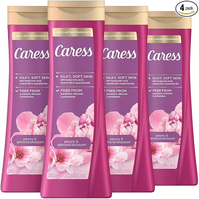 Caress Peony & Almond Blossom Body Wash, Hyaluronic Acid & Vitamin B3 for Moisturized, Silky Soft Skin, Long-Lasting Floral Bouquet Fragrance, 20 fl oz (4 Pack)