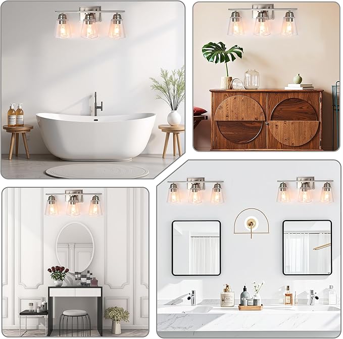 hykolity 3-Light Bathroom Vanity Light, 5-Piece All-in-One Bathroom Set, 20 Inch Modern Wall Lamp, Brushed Nickel Wall Sconce with Clear Glass Shade, Wall Lights for Bedroom, Living Room, Mirror