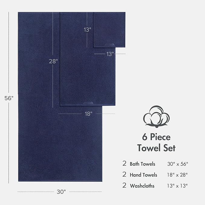 Madison Park Bathroom Towel Set of 6 Diagonal Ribbed, Navy 100% Cotton Quick Dry & Absorbent| 2 Bath 30" x 56"| 2 Hand 18" x 28"| 2 Washcloths 13" x 13"| Zero Twist, 500 GSM, Oeko-TEX