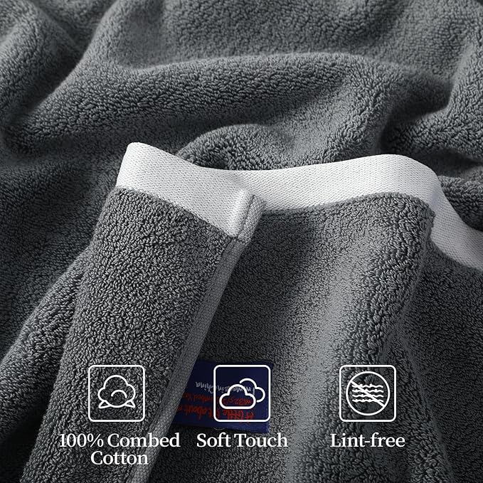 REDKISS 100% Cotton 2 Pack Luxury Bath Towels 27 x 54 Inches, Oversized Bath Towel Set, 600 GSM Ultra Soft Highly Absorbent Quick Drying Towels for Bathroom, Gym, Spa, Hotel, Light Grey