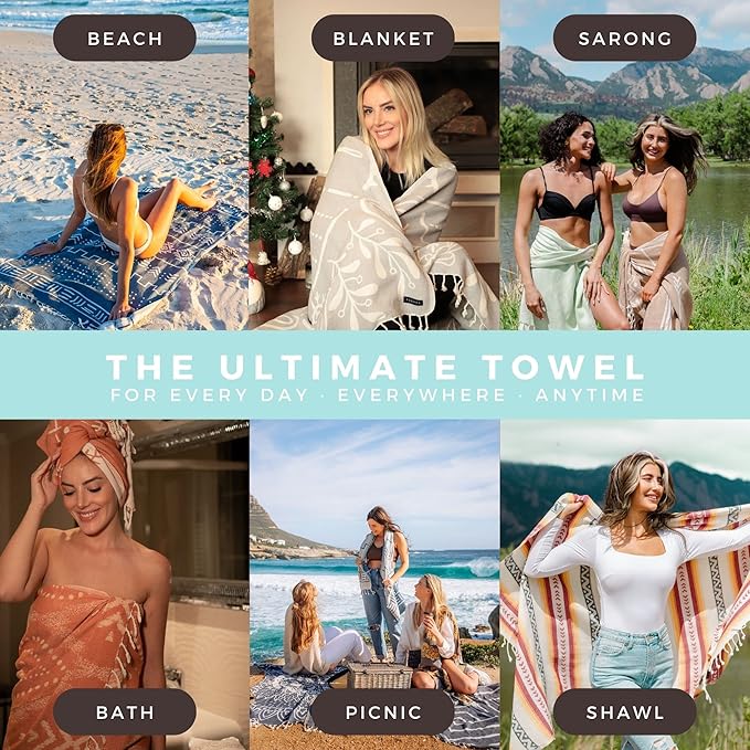 FESHKA Sand Proof Turkish Beach Towel – Oversized, Quick Dry & Lightweight Travel Towel - 100% Organic Cotton Beach Blanket - Perfect for Bath, Pool & Picnic | Summer Waves (Turquoise)